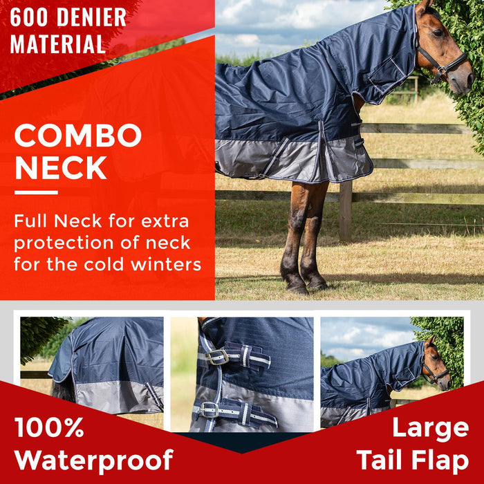 Outdoor Winter Turnout Horse 100gsm Combo Full Neck Wateproof Navy/Grey 5'6-6'9 - Tack24
