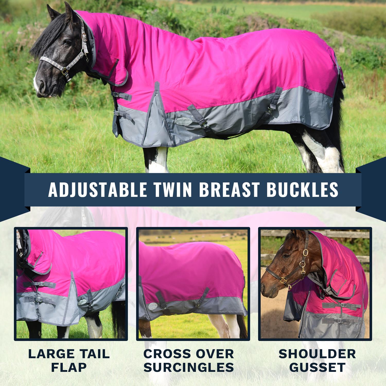 Outdoor Horse Turnout Durable Combo Neck Field 50g Rug Raspberry/Grey 5'3-6'9 - Tack24