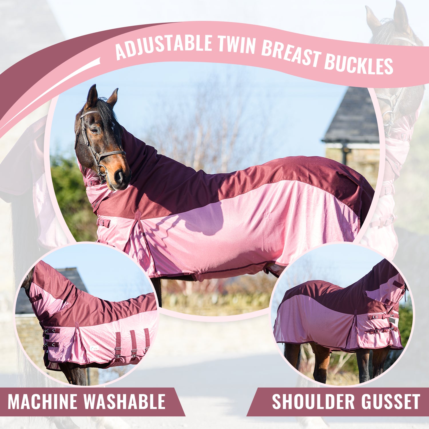 600D 2 in 1 Waterproof Fly Turnout Mesh Horse Rug Fixed Neck Burgundy/Pink 5'6-6'9 - Tack24