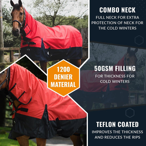 1200D Outdoor Winter Turnout Horse Rugs 50G Fill COMBO Neck Red/Navy 5'3-6'9 - Tack24