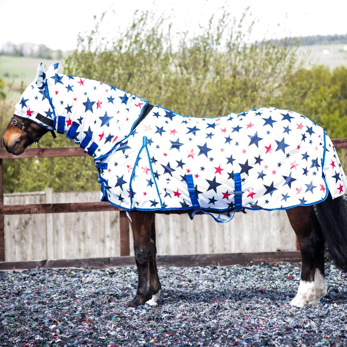 Combo Mesh Fly Rug + Fly Mask Wide Belly & Tail Flap All in One Navy Star 5'3-6'9 - Tack24