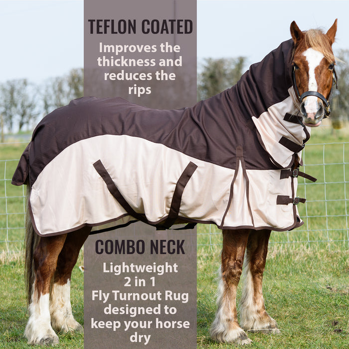 600D 2 in 1 Waterproof Fly Turnout Mesh Horse Rug Fixed Neck Brown/Caramel 5'6-6'9 - Tack24