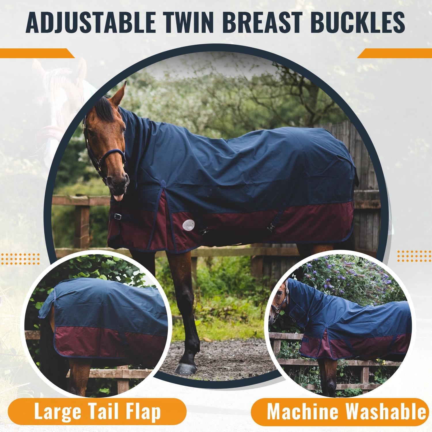 1200D Outdoor Winter Turnout Horse Rugs 50G Fill COMBO Neck Navy/Burguny 5'3-6'9 - Tack24