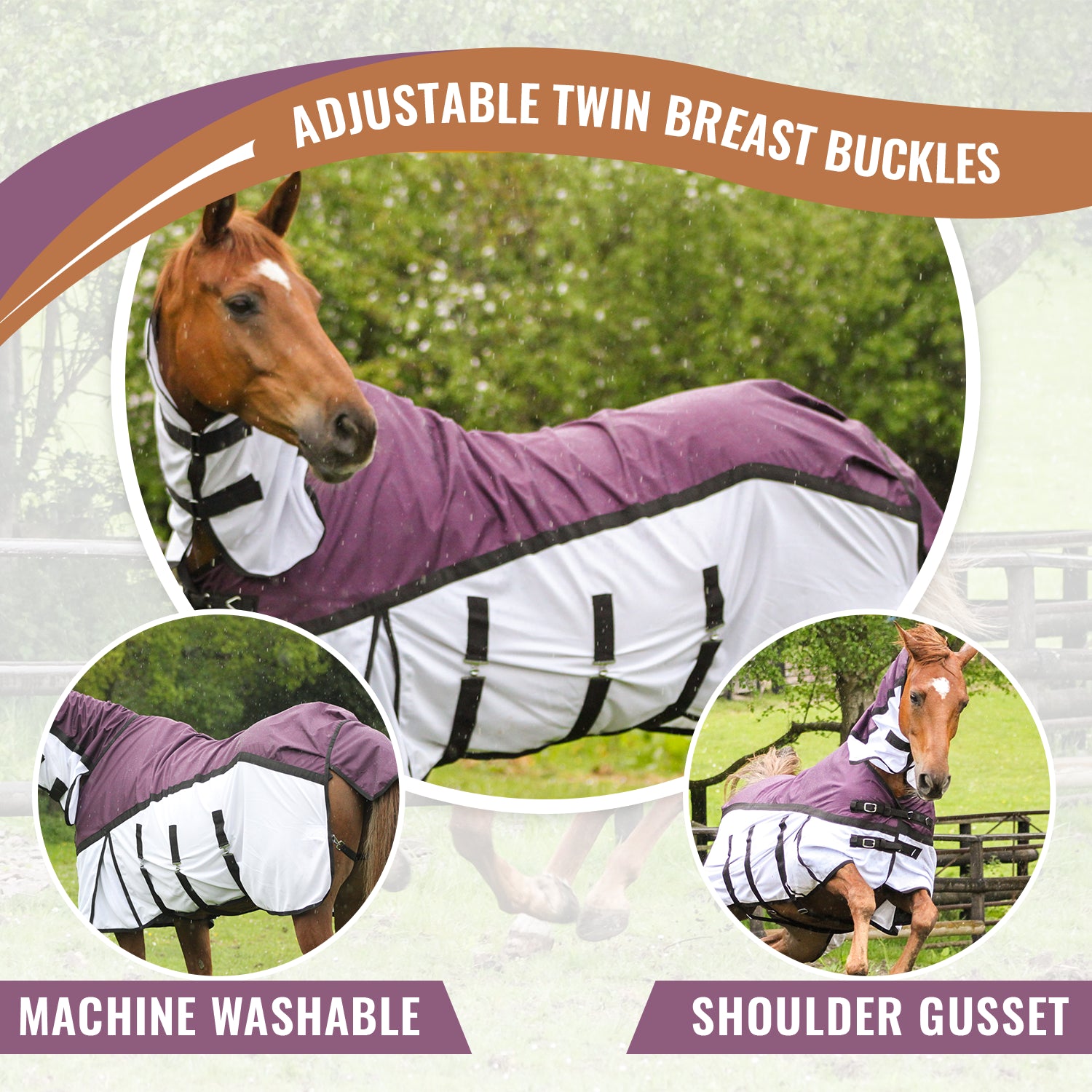 600D 2 in 1 Waterproof Fly Turnout Mesh Horse Rug Fixed Neck Burgundy/White 5'6-6'9 - Tack24