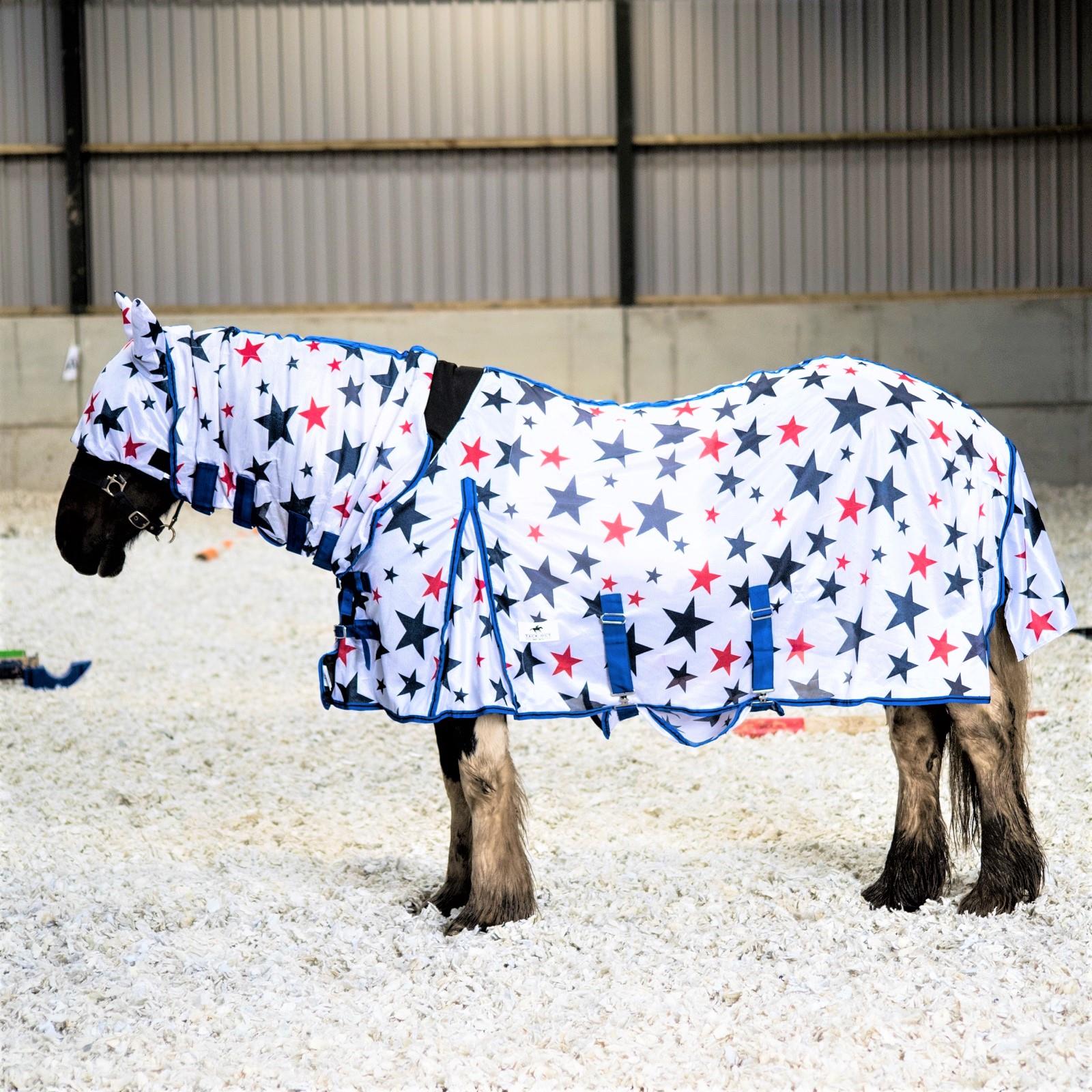Combo Mesh Fly Rug + Fly Mask Wide Belly & Tail Flap All in One Navy Star 5'3-6'9 - Tack24